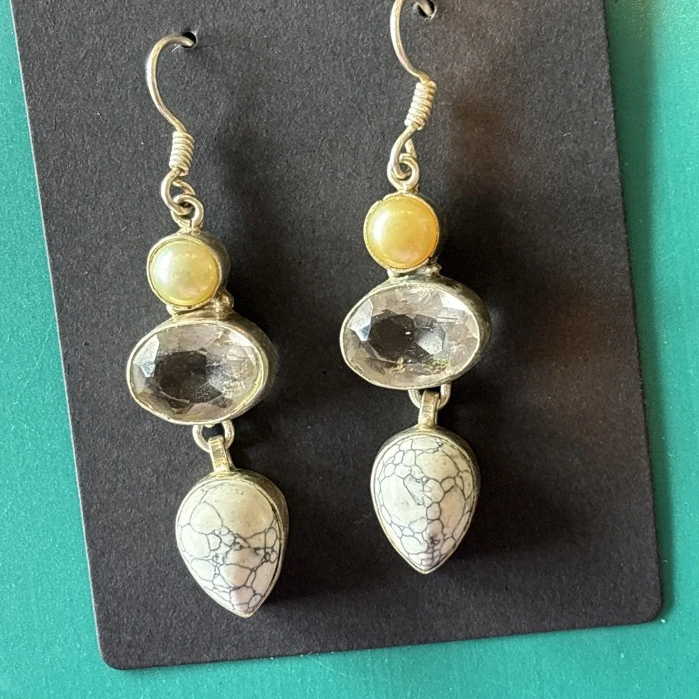 Dangle Earrings With Fresh Water Pearls, Faceted Crystal ,Teardrop Jasper